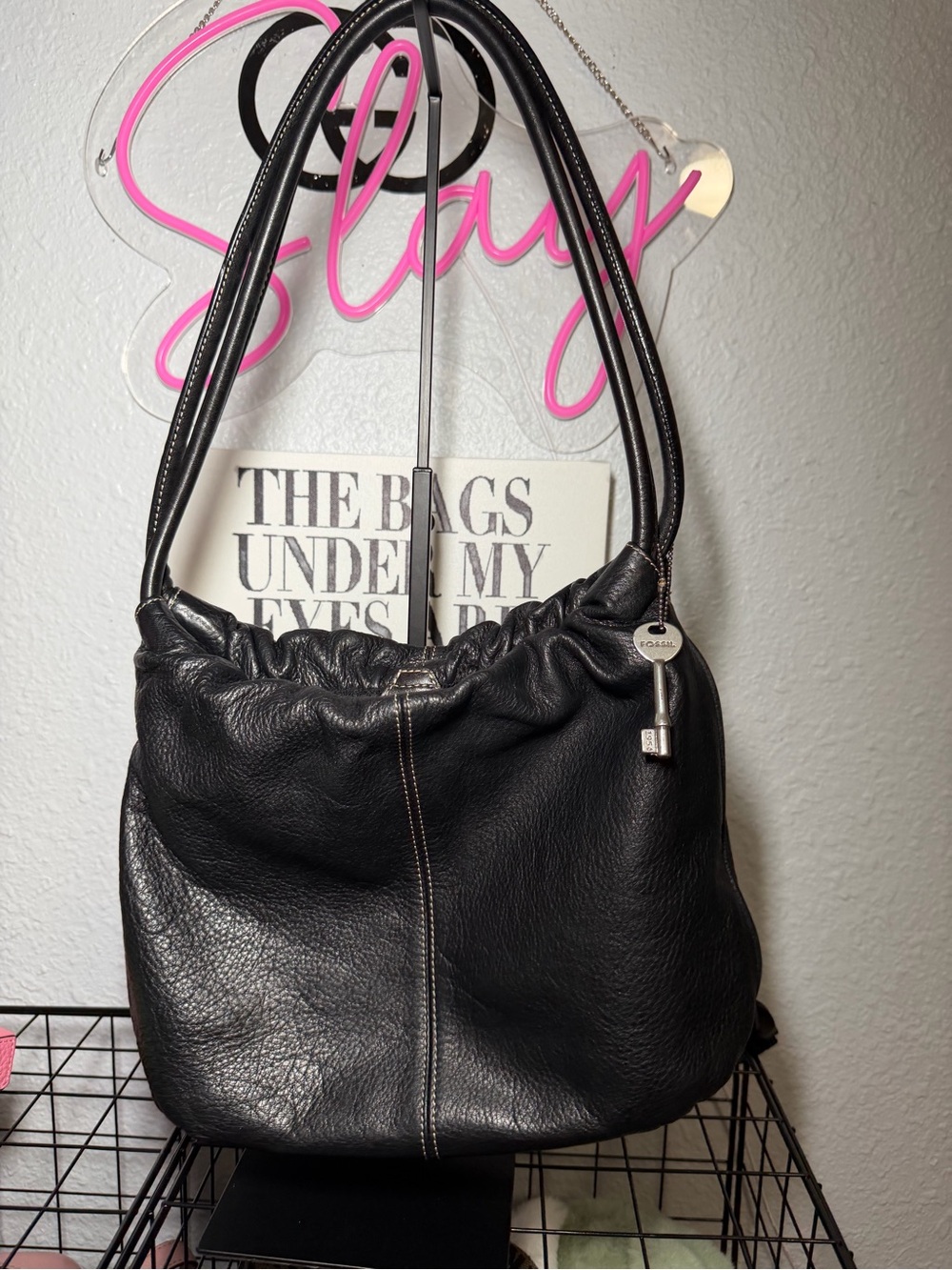 Vintage Fossil 1954 Black Leather Drawstring Hobo Bag 75082 with KEY!!